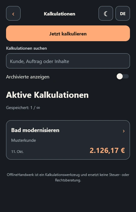 Kalkulationsübersicht in OfflineHandwerk mit dem integrierten Beispiel Bad modernisieren für Musterkunde